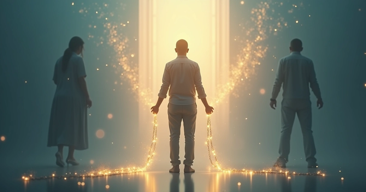 Person standing between two family shadows gently breaking glowing emotional chains 