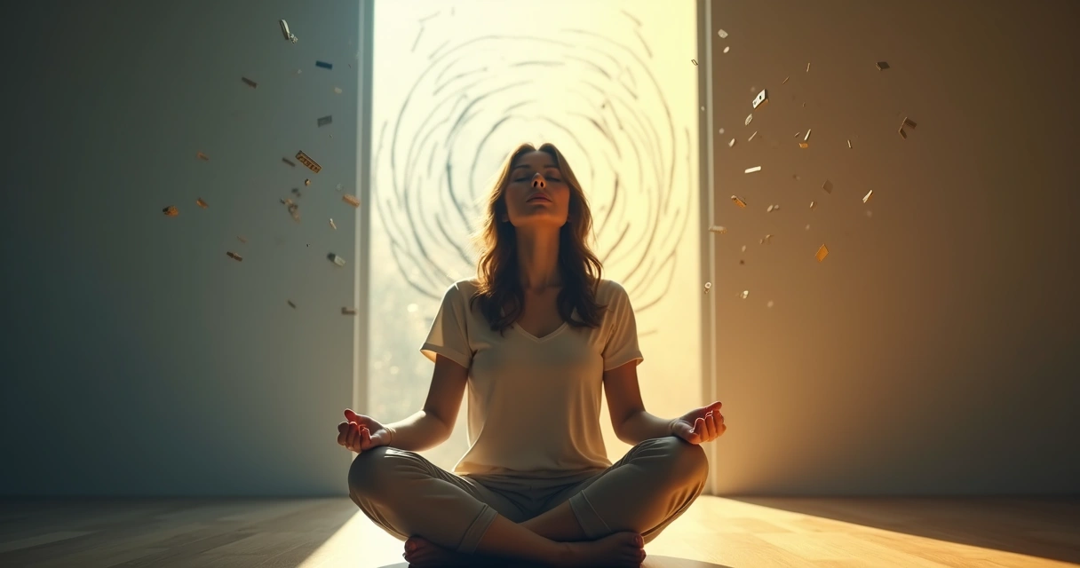 Woman sitting in split light breaking invisible inner chains 