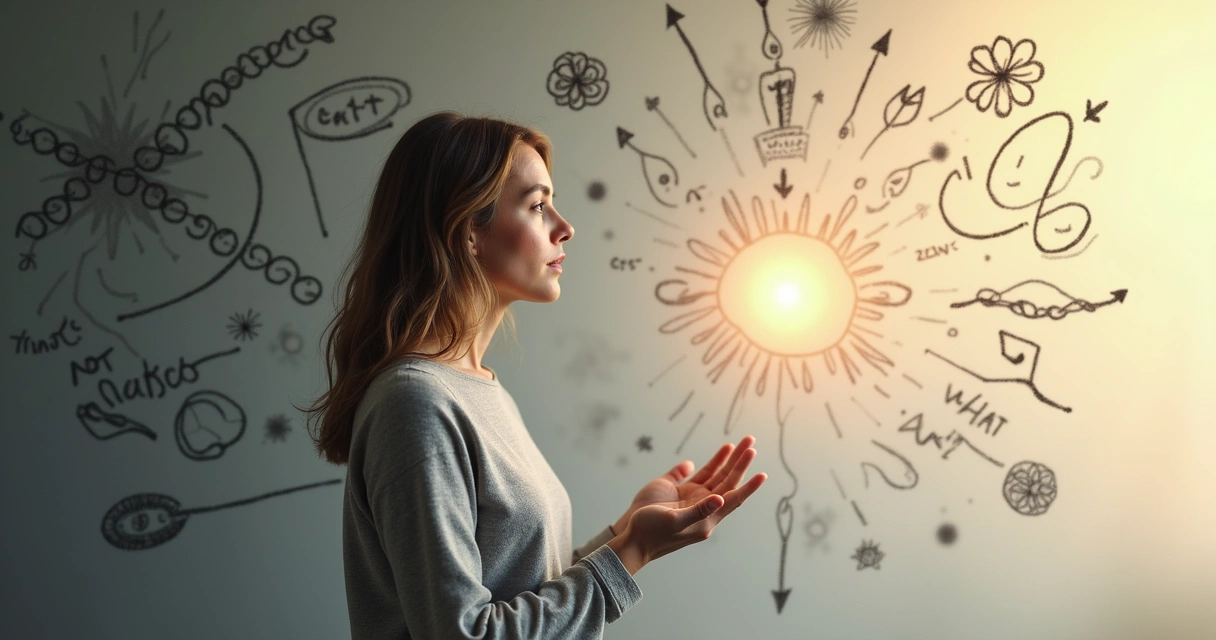 Woman standing between dark scribbled thoughts and bright calm symbols 