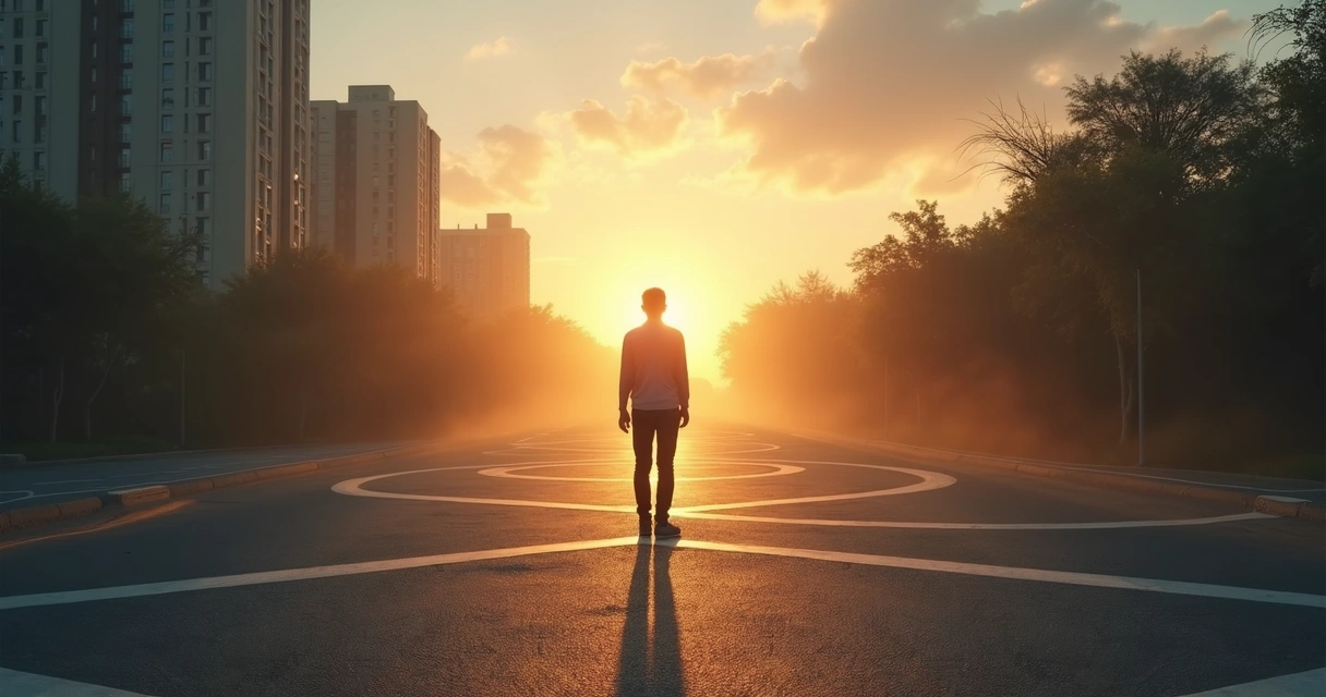 Person standing between shadow self and luminous self on a path of transformation 