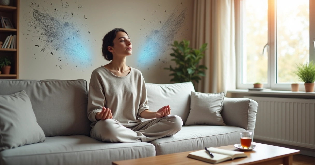 Person sitting calmly on a sofa with swirling thoughts fading into clear light 