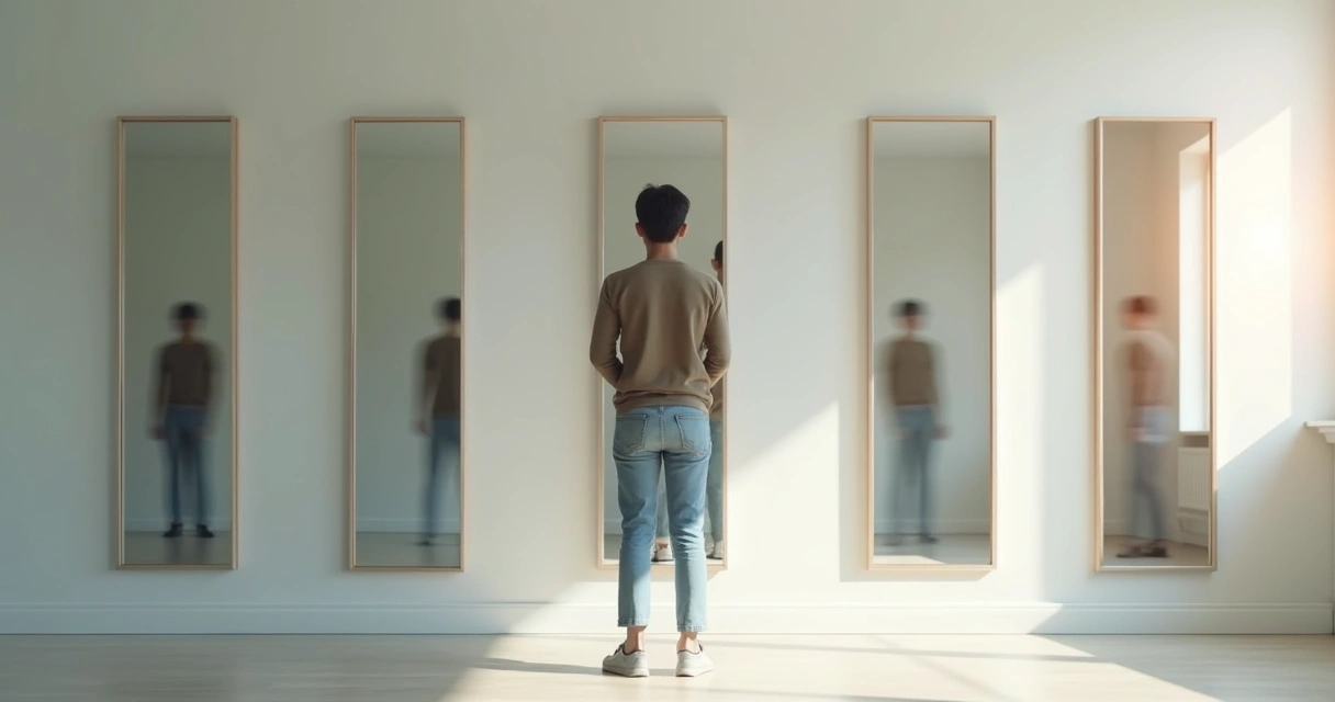 Person pausing in front of mirrors with distorted reflections 