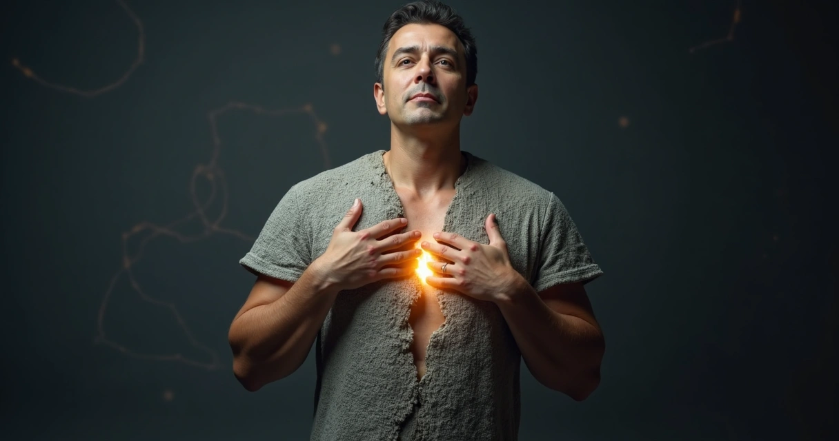 Person cracking a stone armor shell to reveal soft light inside 