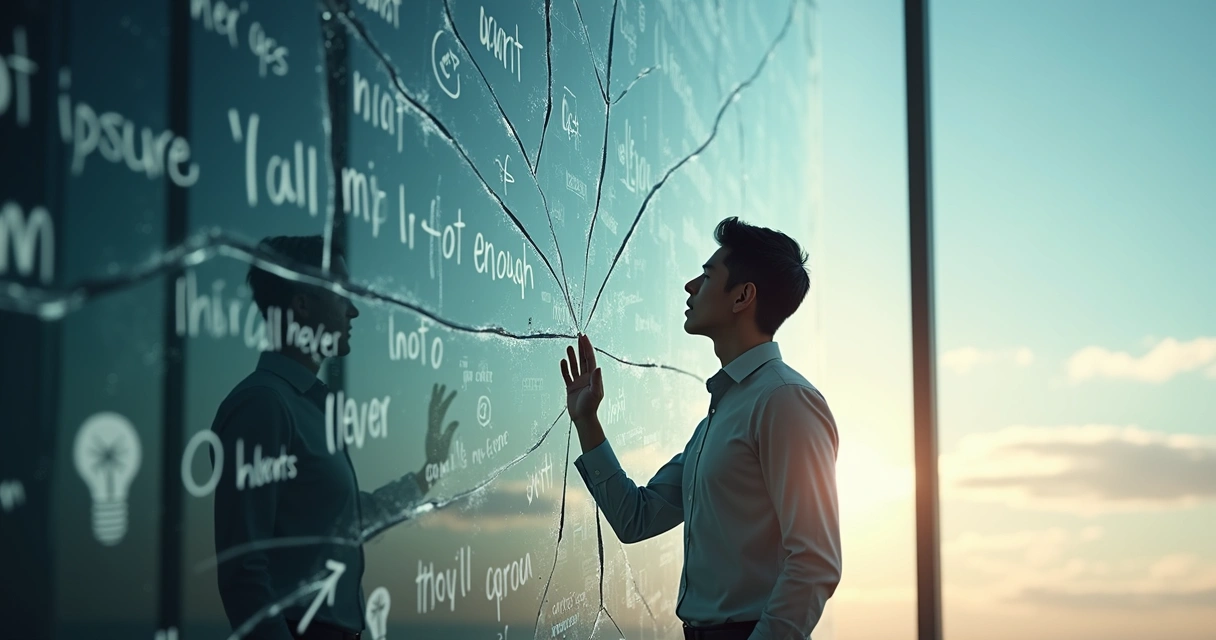 Person breaking through glass wall of tangled thoughts into clear open sky 