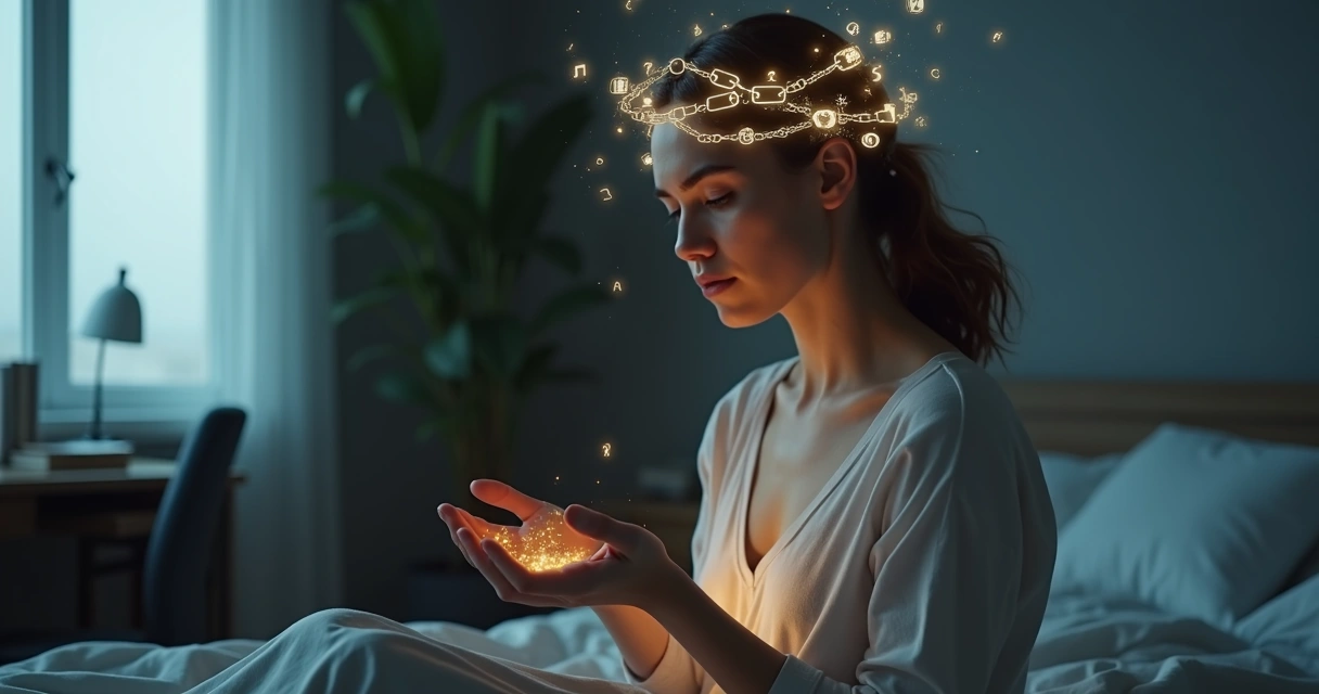 Person breaking glowing chains of thoughts around the head 