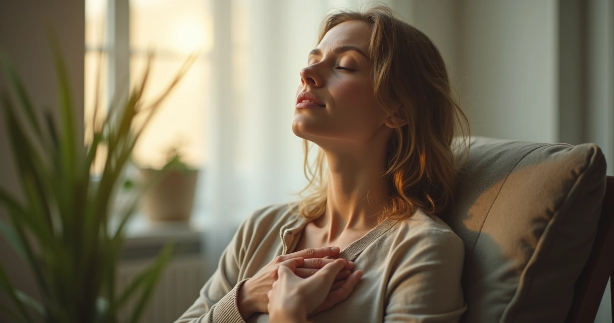Woman sitting quietly with eyes closed, hands on her chest, focusing on breath. 