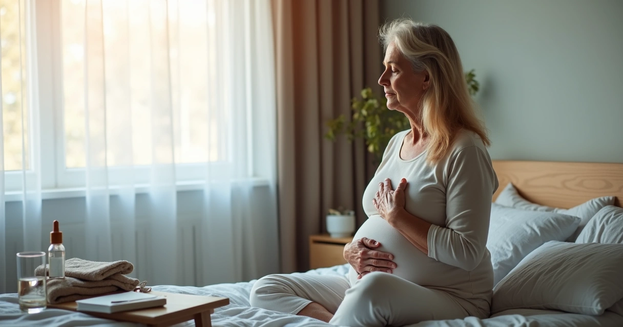 Middle-aged woman practicing deep breathing for chronic pain relief in a calm room 