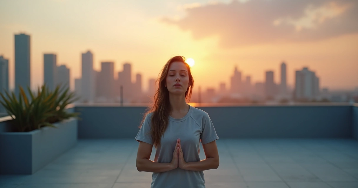 Woman practicing mindful breathing on a city rooftop at sunset 