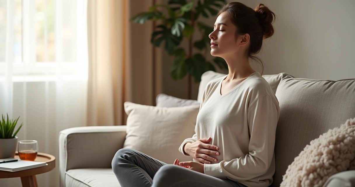 Woman practicing calming breathing exercise on a sofa at home 