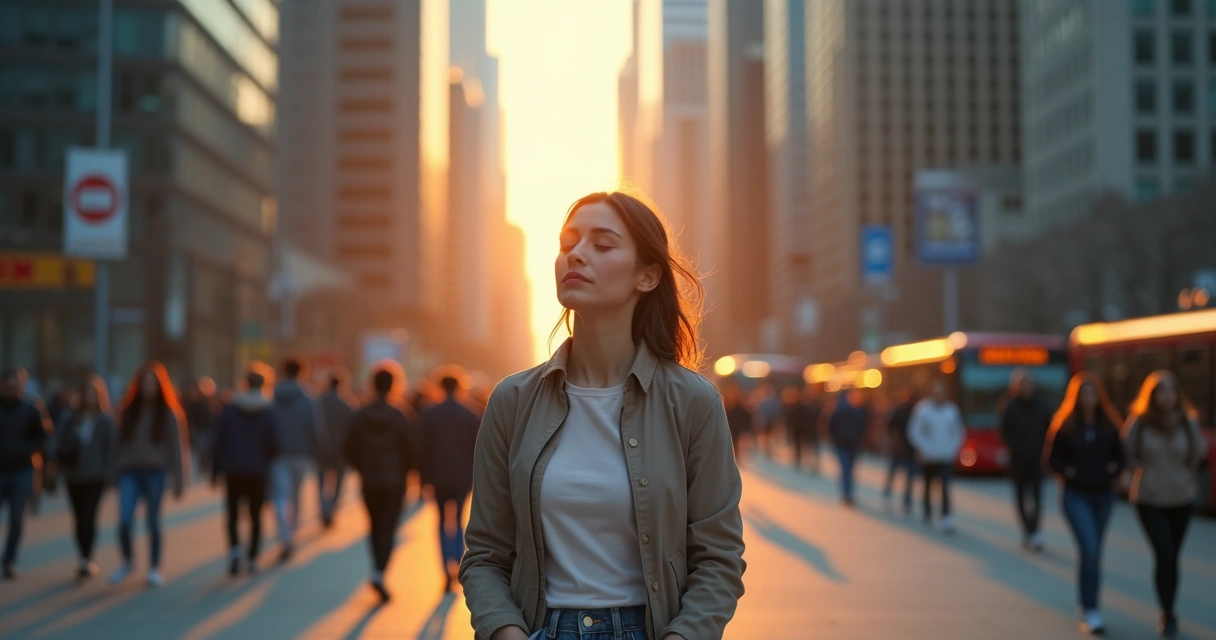 Woman pausing to breathe deeply on a busy city street at sunset 