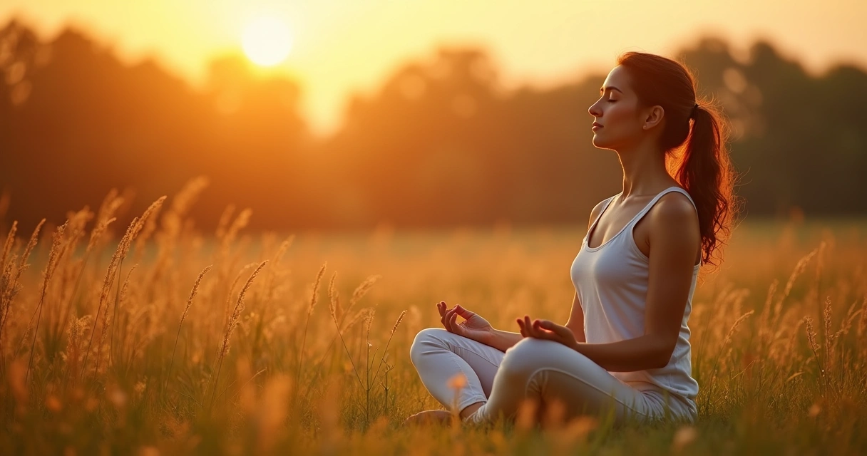 Woman practicing mindful breathing outdoors at sunset 