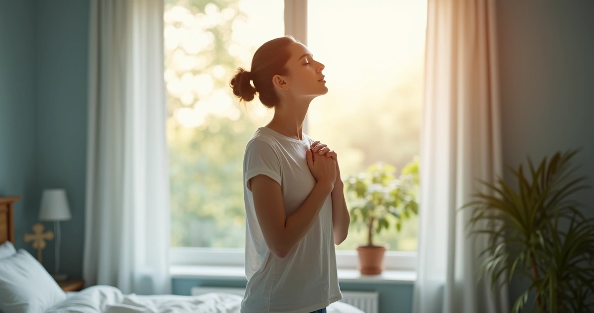 Woman facing window, breathing deeply