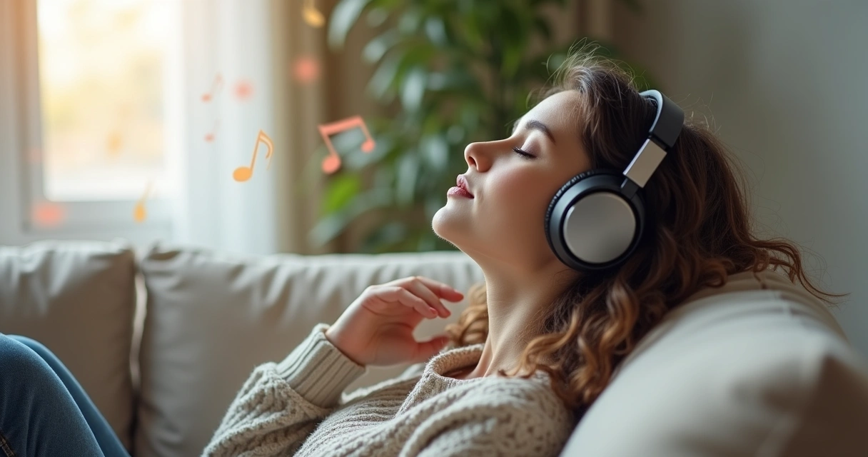 Woman with headphones taking deep breath 