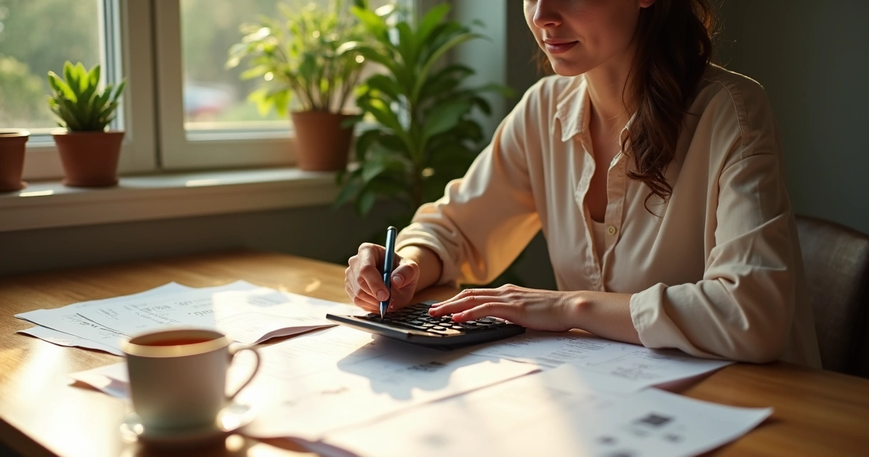 Woman sits at a wooden table organizing bills and using a calculator 