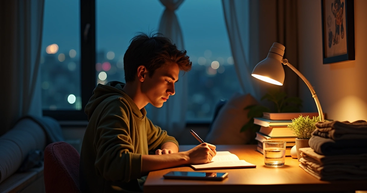 Young adult sitting alone at a desk at night writing in a journal with a tidy room behind 