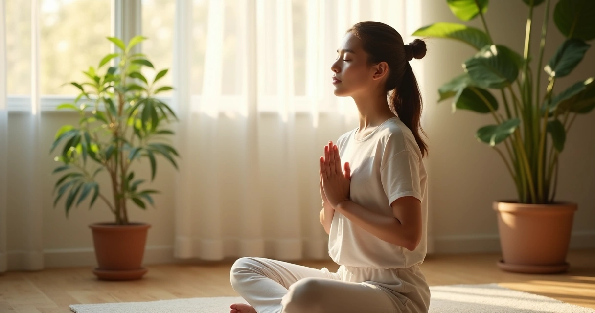 Woman sitting calmly, eyes closed, hands on chest, practicing mindful breathing