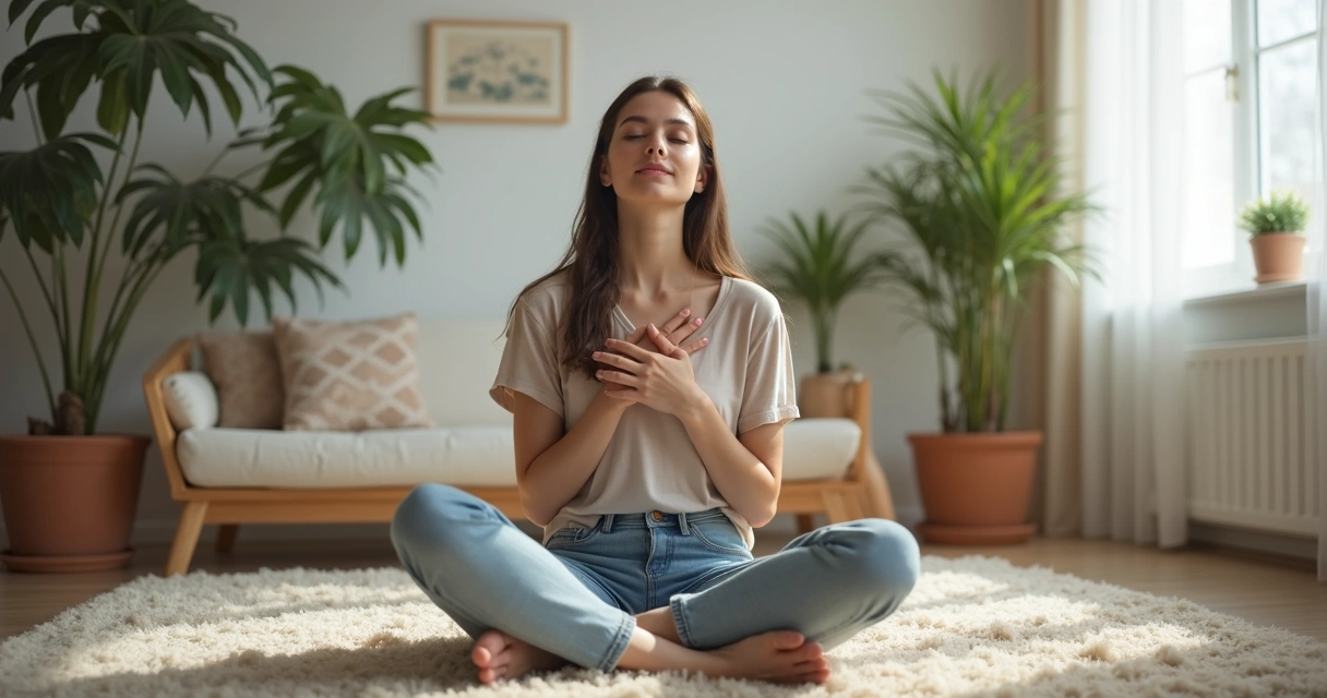 Woman sitting cross-legged on a rug, eyes closed, breathing calmly in a softly lit home. 