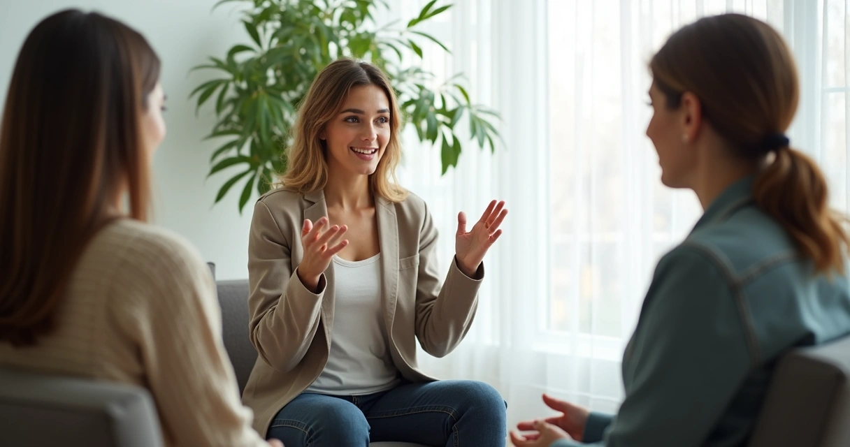 Woman calmly breathing while speaking in a bright room