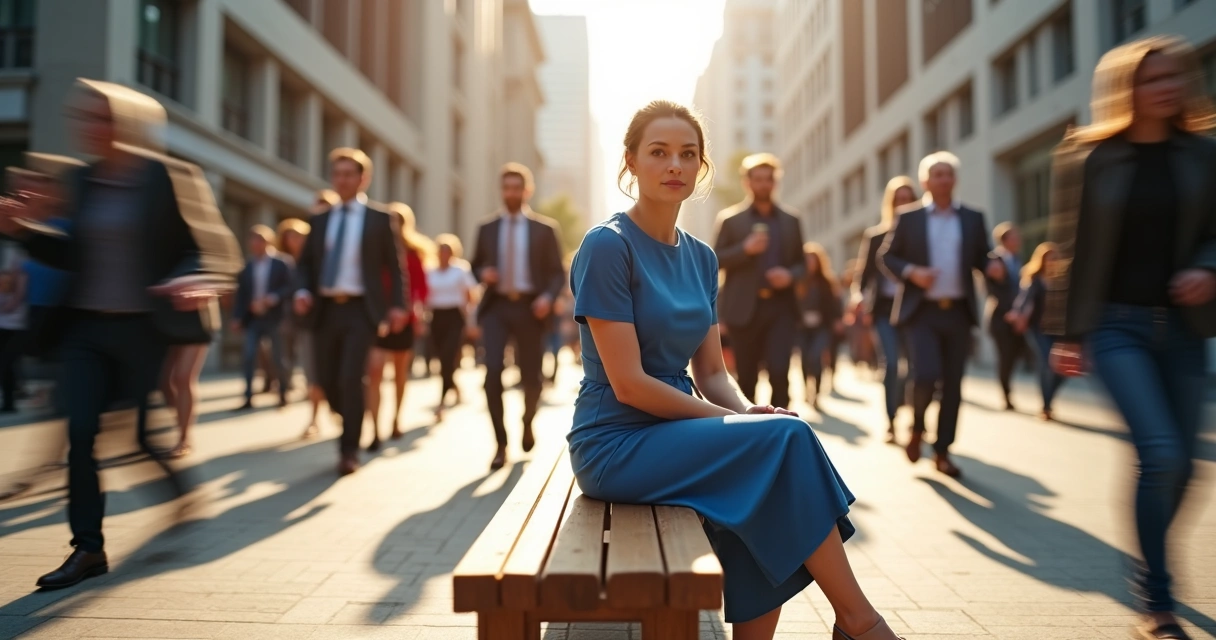 Woman sits calmly on a bench as people walk quickly past her on a busy city street 