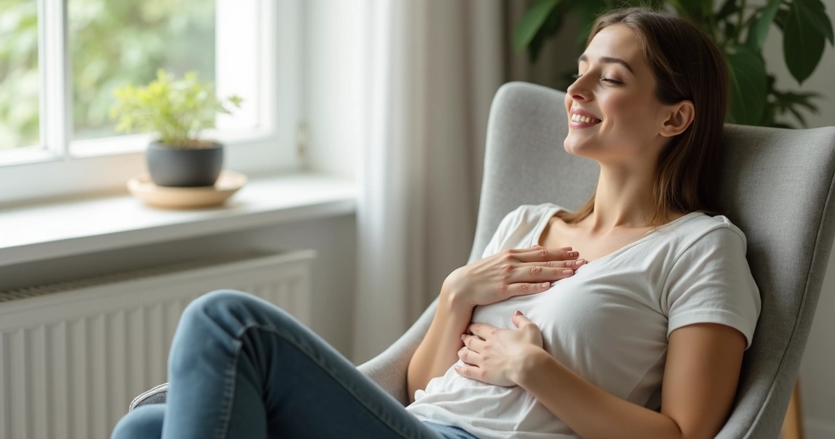 Woman with hands on her ribcage practicing gentle deep breathing. 
