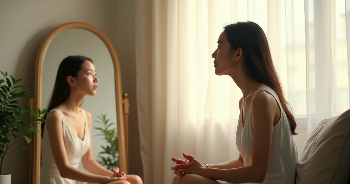 Young woman looking at her reflection in a mirror with calm expression