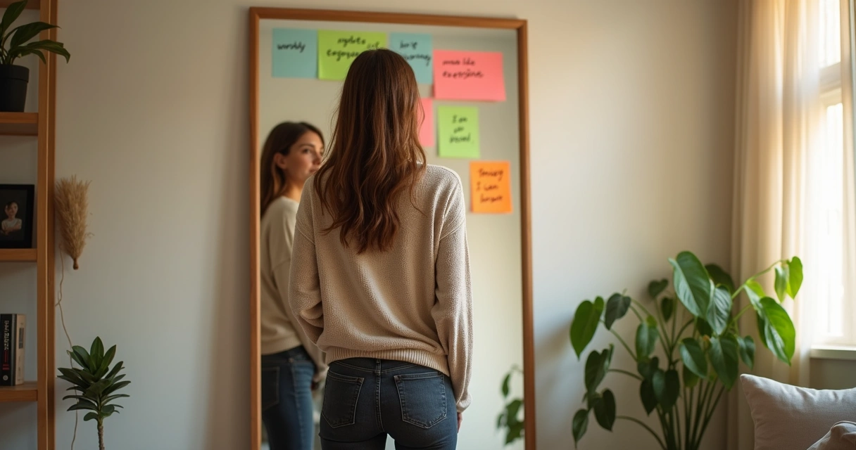 Woman reflecting in front of a mirror with changing words on sticky notes 