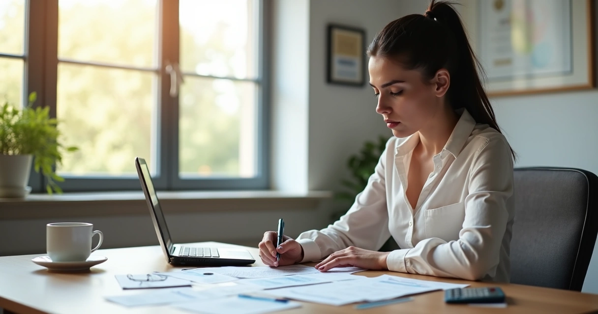 Woman analyzing financial statements and credit card bills at desk with calculator 