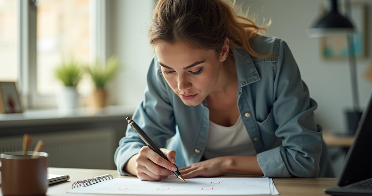 Woman looking at a checklist and realizing many tasks are not completed. 