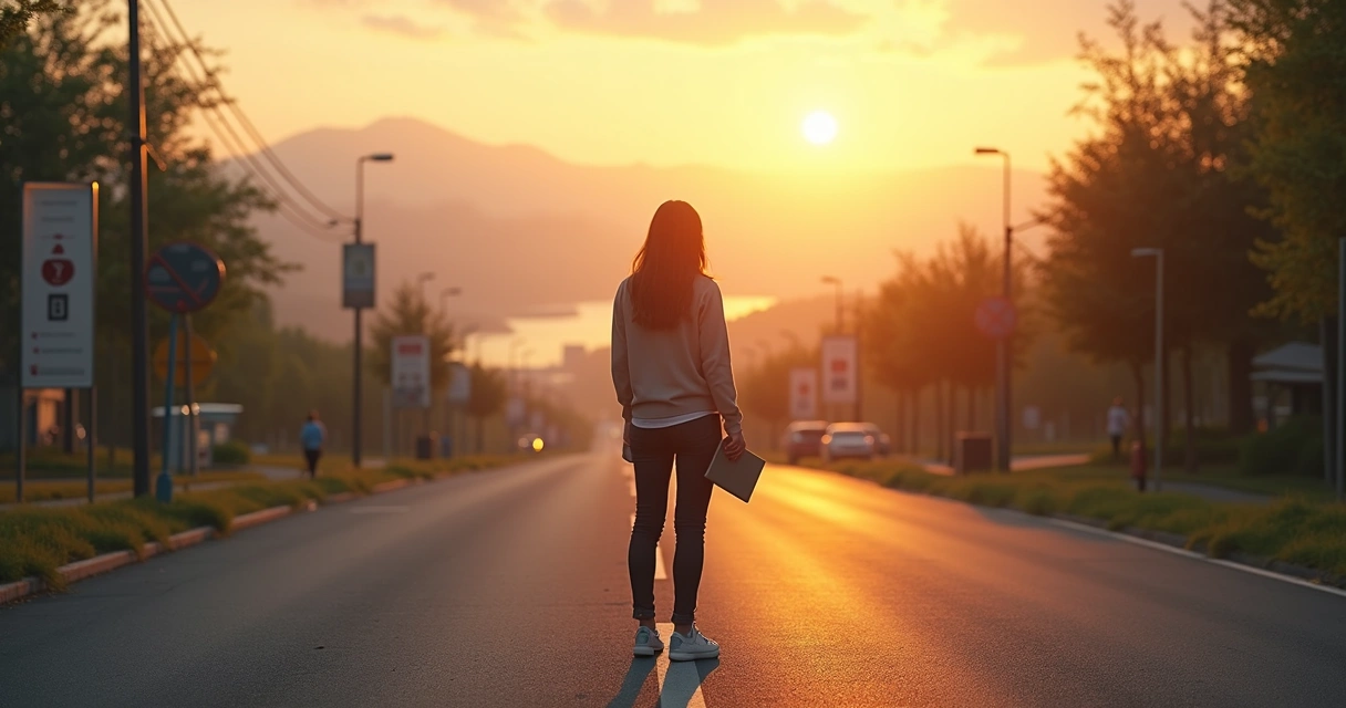 Person choosing a purposeful path at a crossroads with city and nature ahead 