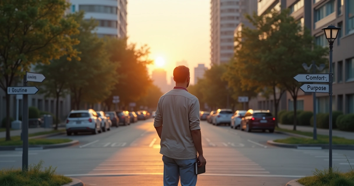 Person standing at a crossroads choosing a purposeful path 