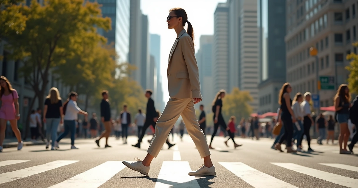 Woman in neutral city outfit crossing busy street 