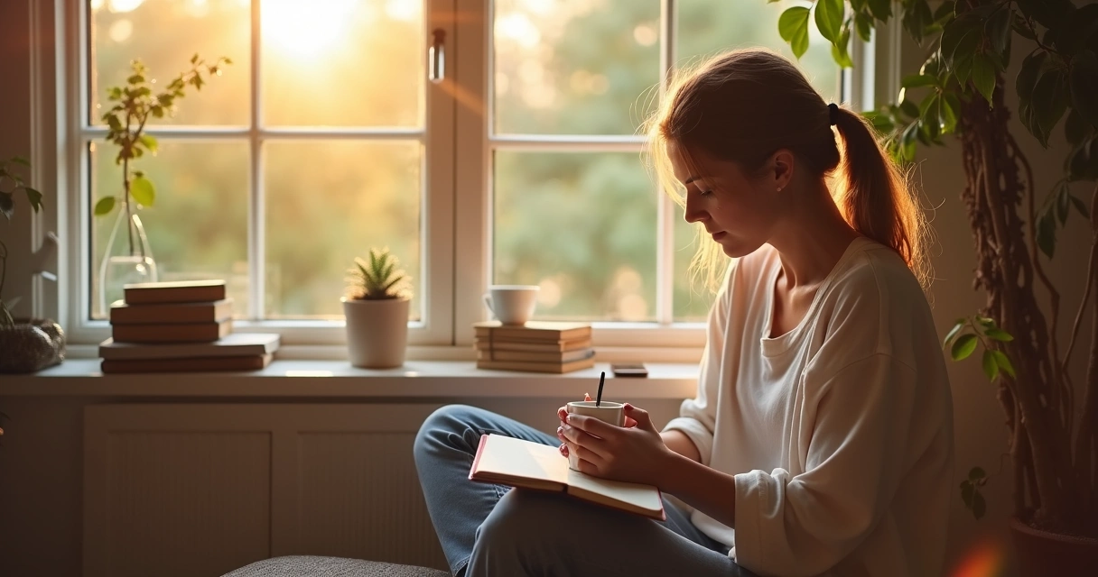 Woman sits by window with coffee and journal 