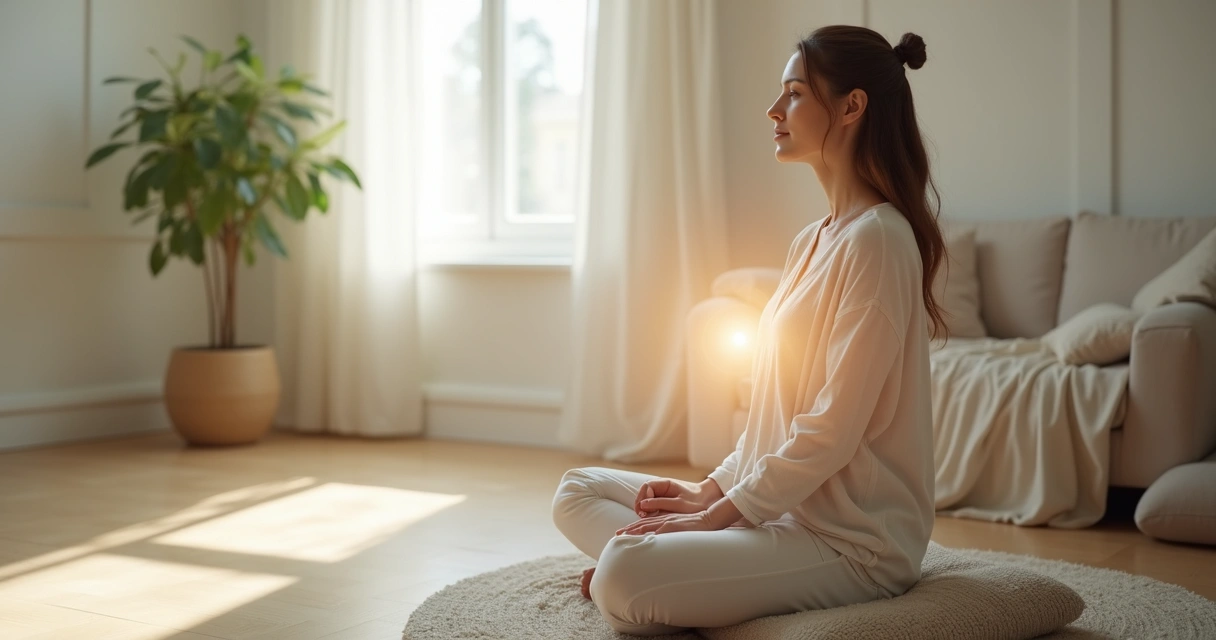 Woman practicing mindful breathing with a subtle protective energy circle around her 