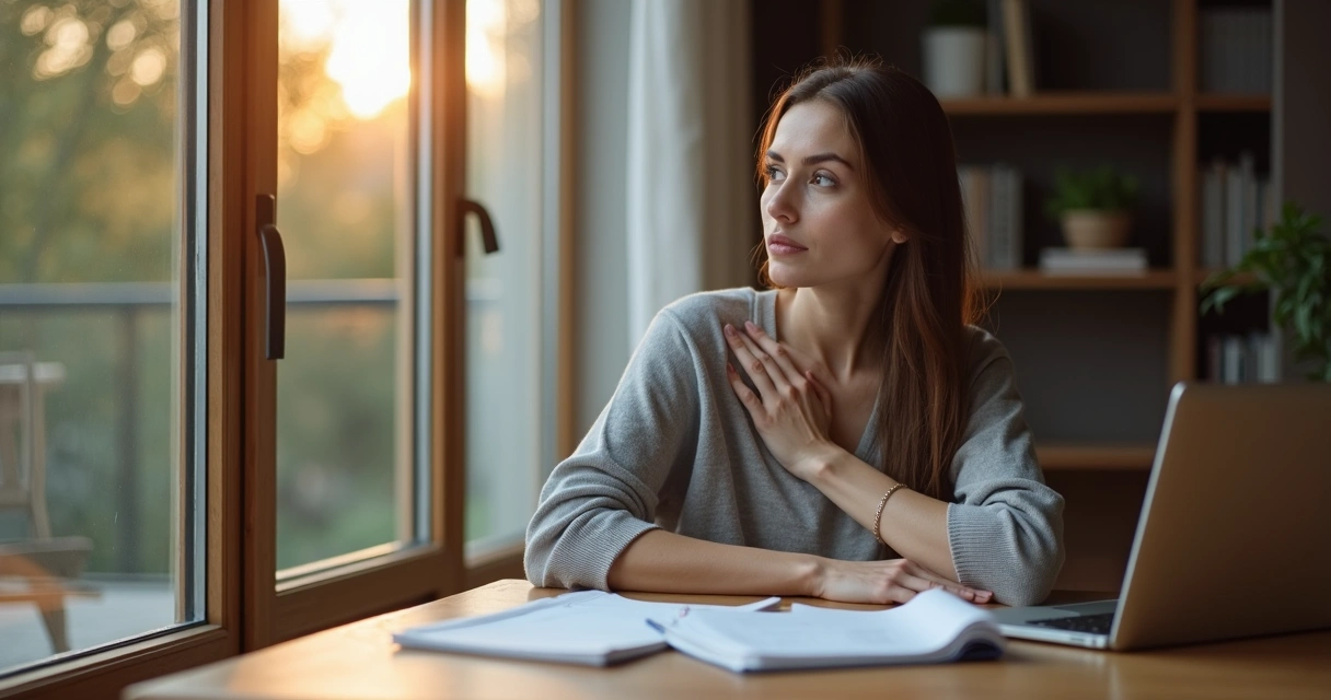 Woman sitting at a table quietly reflecting before making a tough decision 