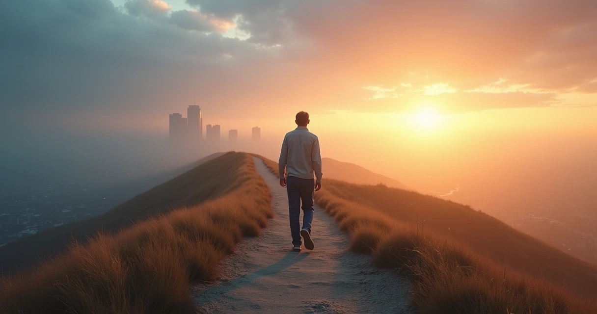 Person standing at a crossroads between past and future 