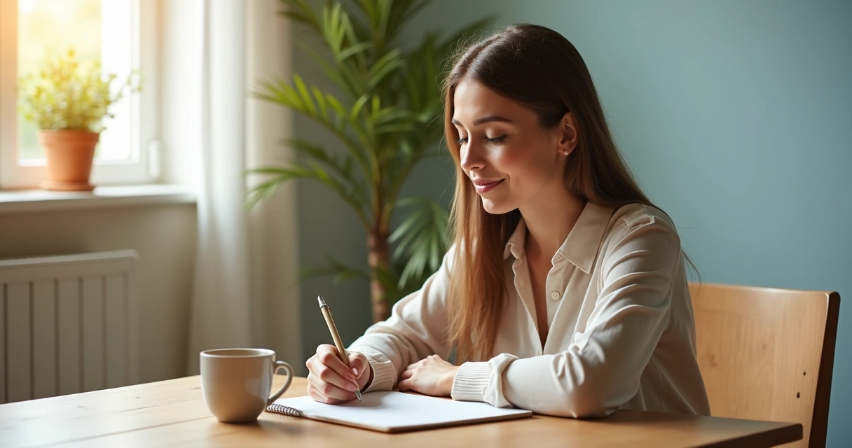 Woman reflecting in a peaceful room with journal and pen