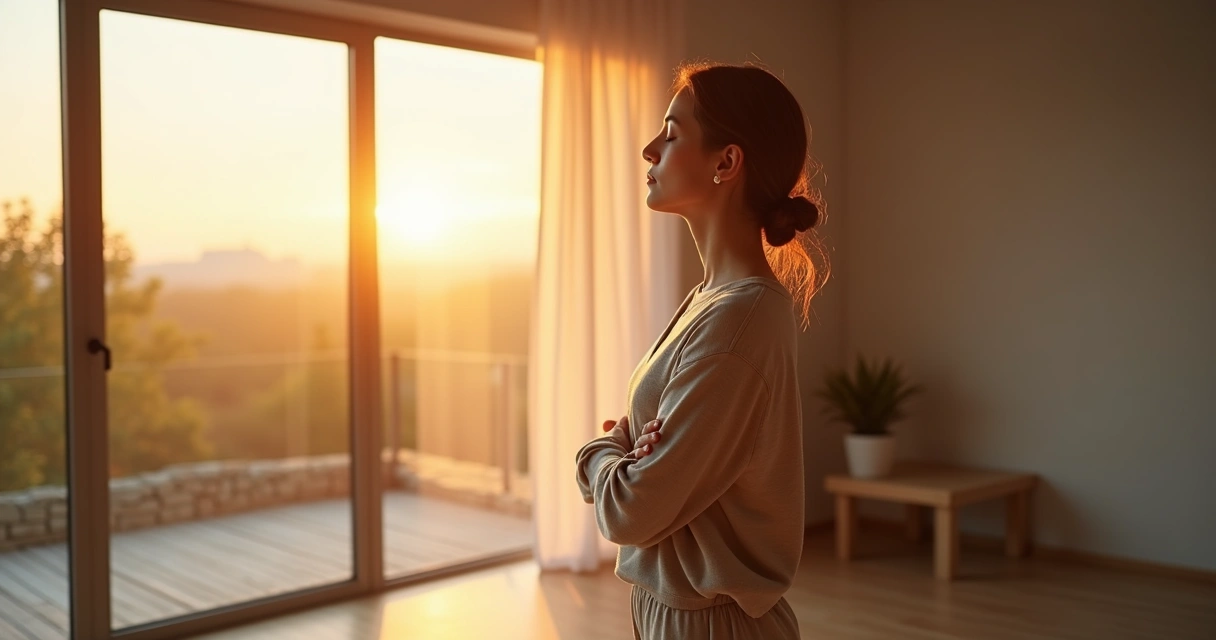Person taking a deep breath by a bright window at sunrise 