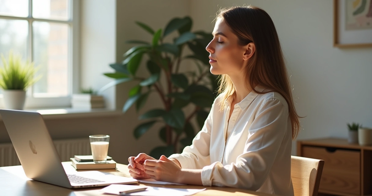 Woman practicing deep breathing at desk to improve focus 