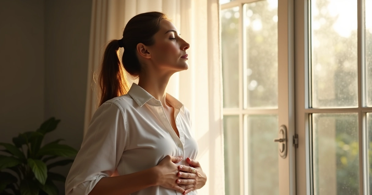 Woman standing in sunlight taking a deep morning breath 