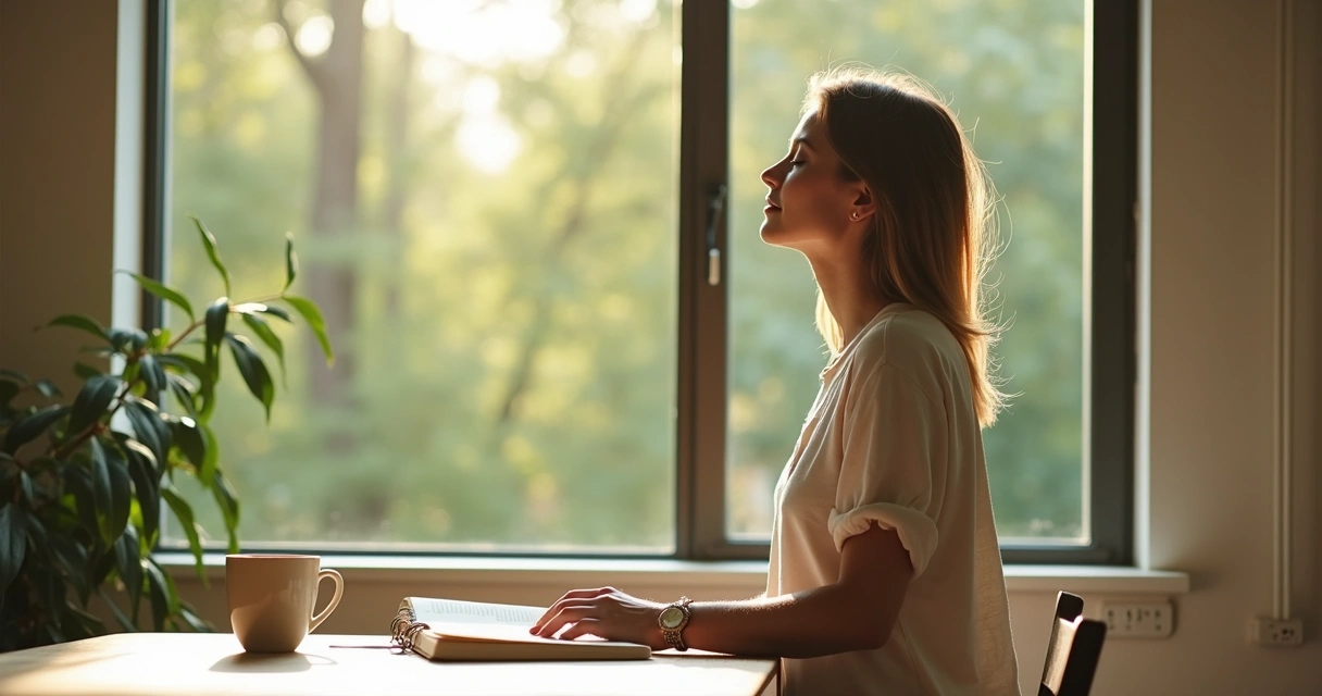 Woman pausing to take a deep breath near a window 