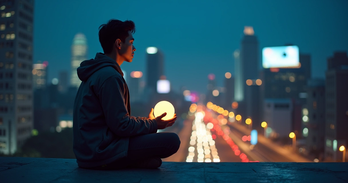 Person in deep focus surrounded by blurred city lights 