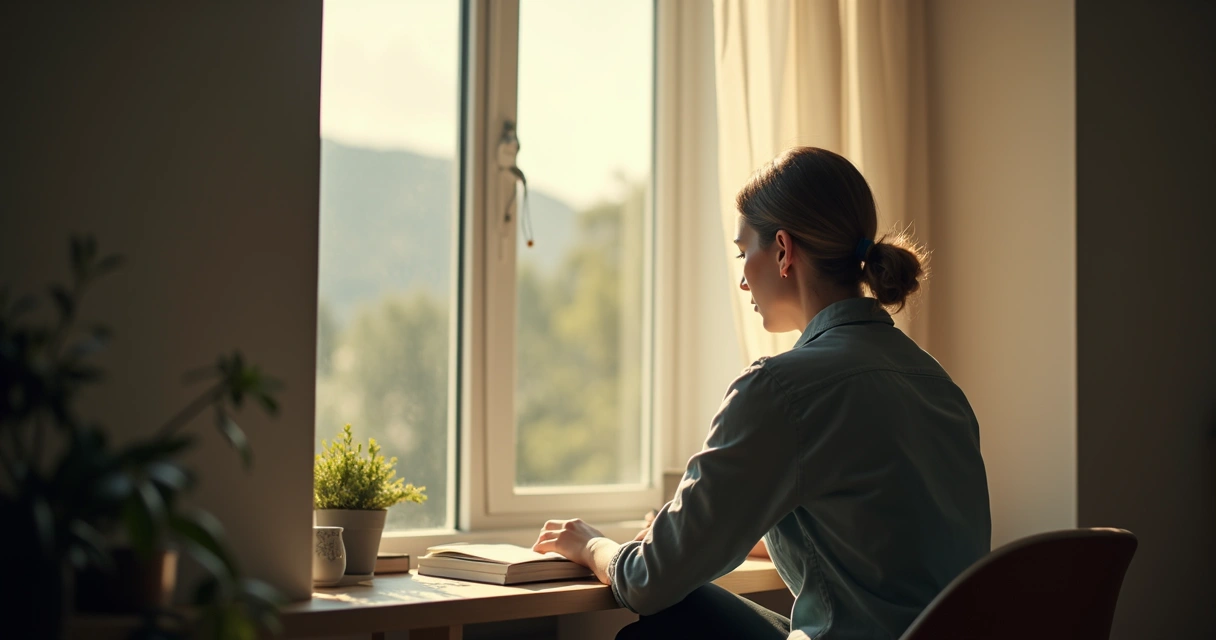 Woman in deep thought reflecting near window 