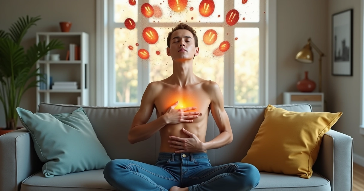 Person practicing calm breathing while emotional chaos swirls around 