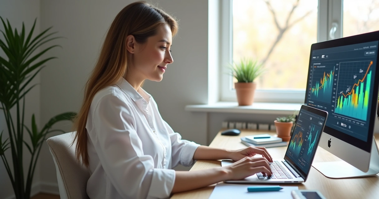 Woman working on laptop at home office with digital marketing charts on screen 