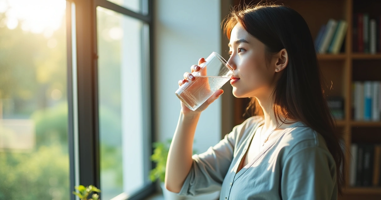 Woman in casual clothes drinking water from a glass near a window 