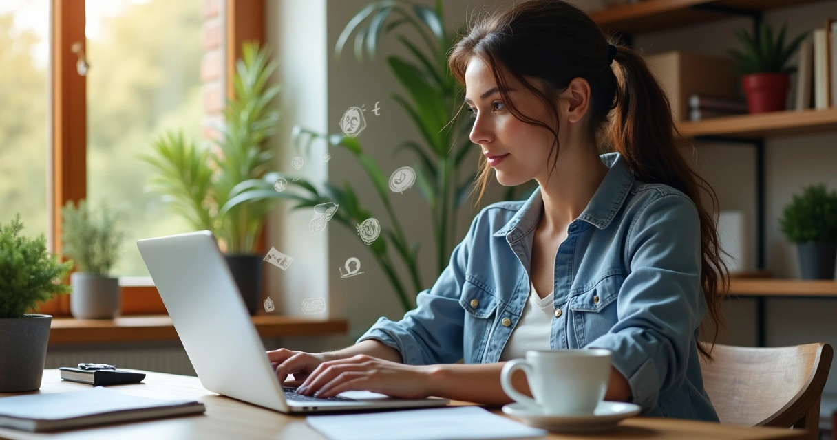 Woman working on laptop at home desk with money icons floating around