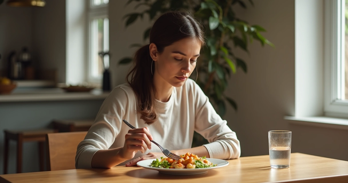 Woman eating at a table, focusing on each bite 