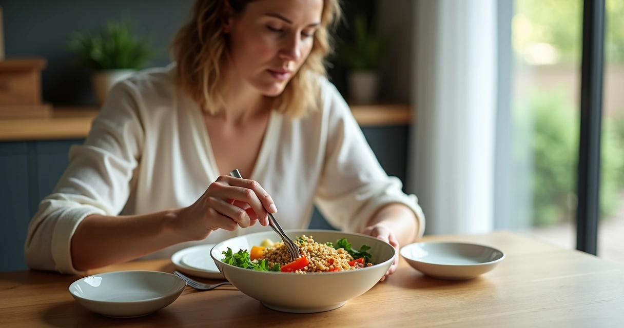 Woman sitting at a table eating a colorful meal slowly while looking at her food 