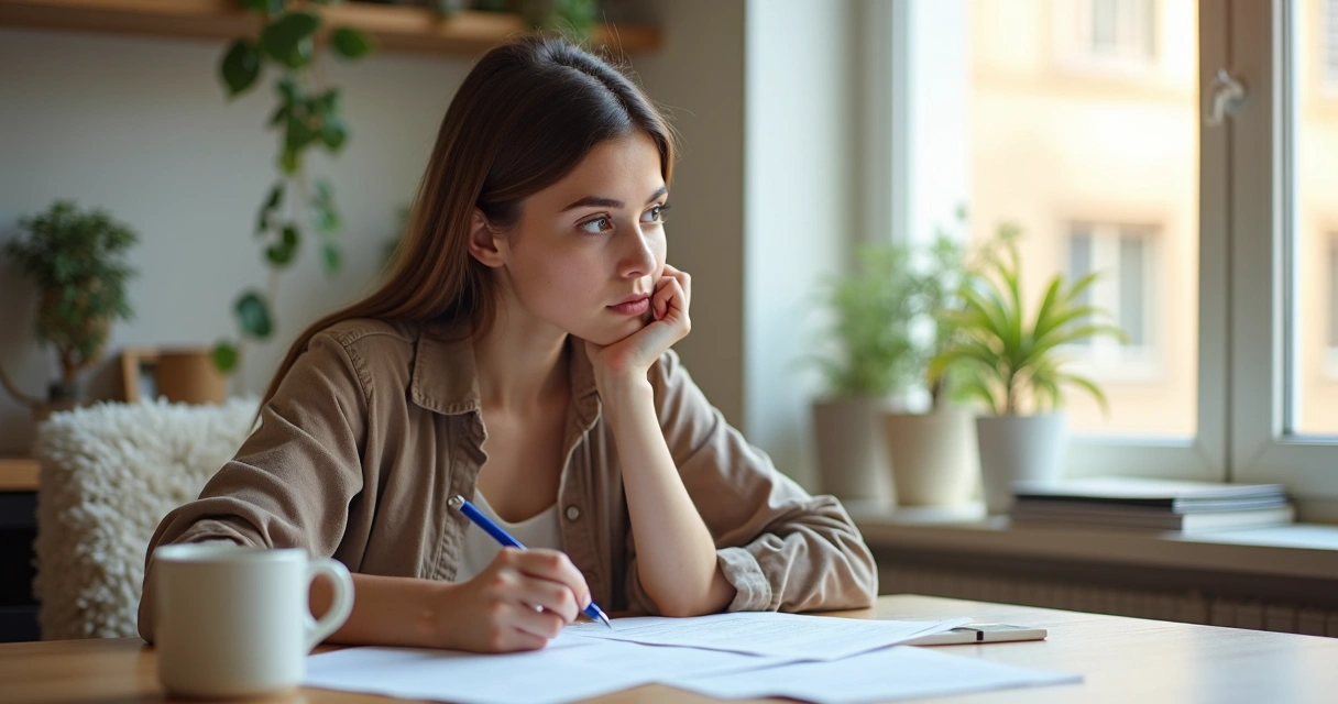 Young woman sitting at a table, thoughtful, with papers and a pen, showing a moment of emotional reflection 