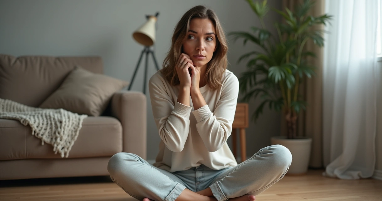 Woman sitting cross-legged reflecting in a softly lit room